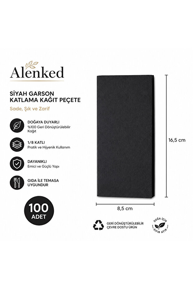 Black Waiter Folded 33X33 Paper Napkins - 100 Pcs