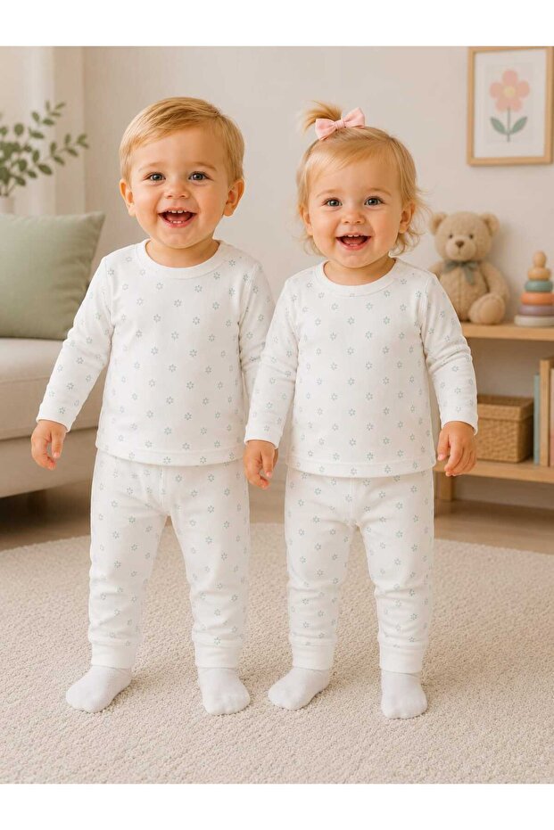 Unisex 100% Cotton Patterned Long Sleeve Baby Pajama Set