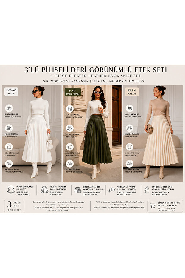 High Waist Pleated Leather Look Midi Skirt 3 Pieces