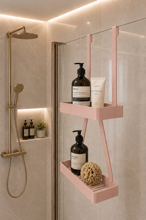 Shower Cabin Hanging Organizer Shelf – 2-Tier Bathroom Shampoo Holder Organizer, Can Be Installed Without Drilling | Modern and Stylish Design