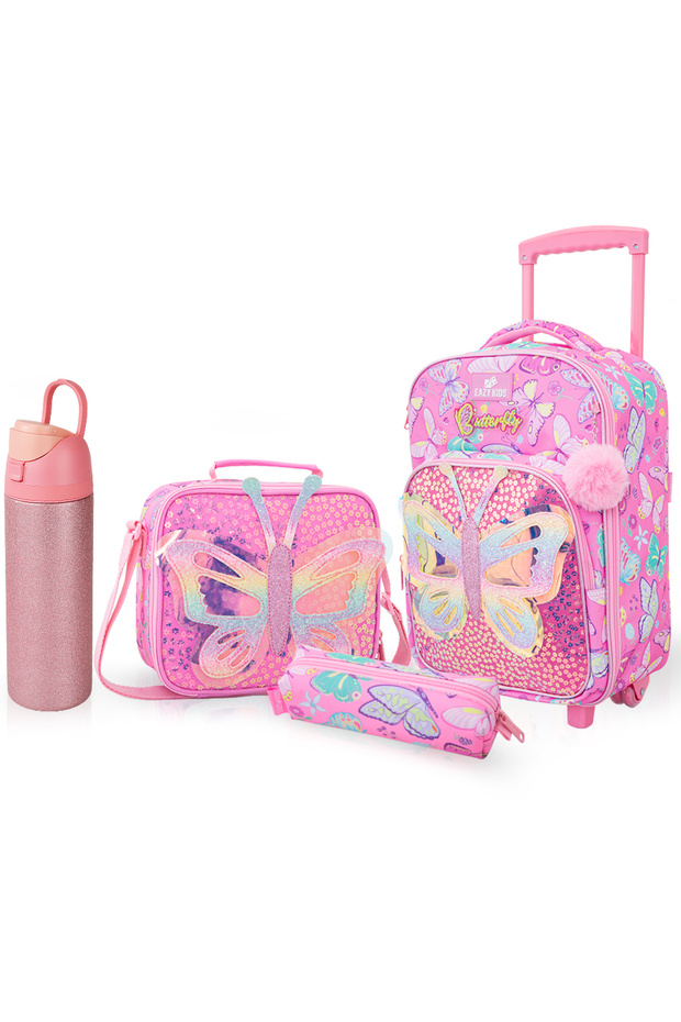 17” Trolley School Backpack Set w/ Stainless Steel Glitter Water Bottle – Butterfly Pink