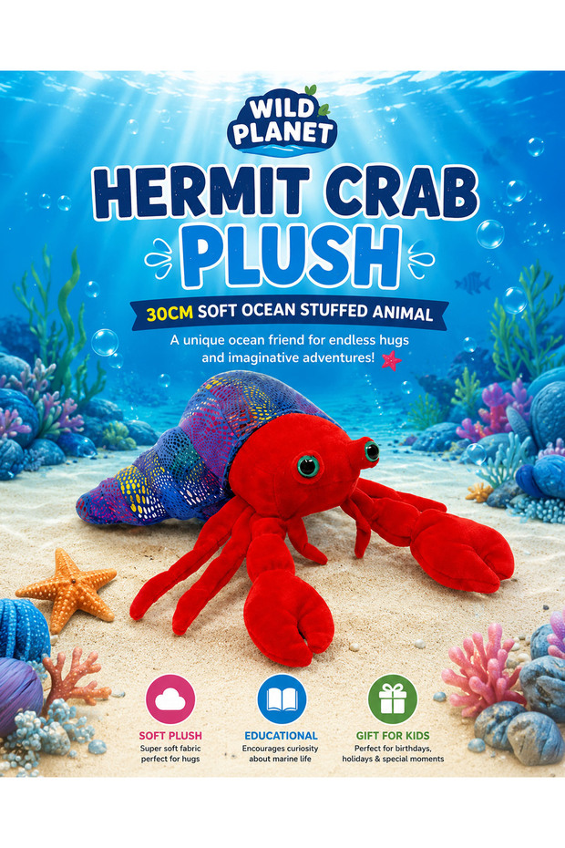 Hermit Crab Plush 30cm Soft Ocean Stuffed Animal Toy Cute Marine Life Plush Doll Colorful Sea Creature Educational Cuddly Gift for Kids Boys Girls Ocean Lovers Playtime Companion