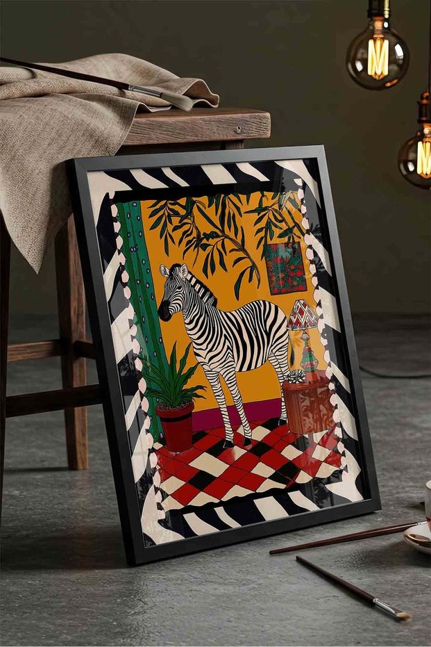 Maximalist Zebra and Chess Backdrop Dopamine Decor - Black Framed Painting