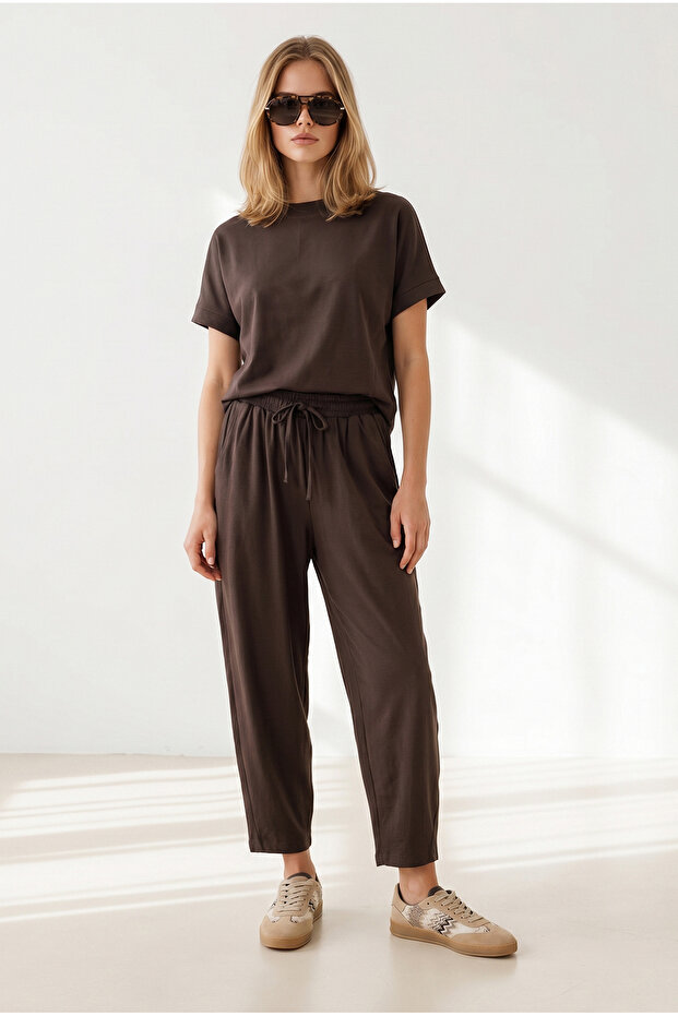 Women's Brown Loose Fit Top and Bottom Woven Modal Set Tkm-19000505