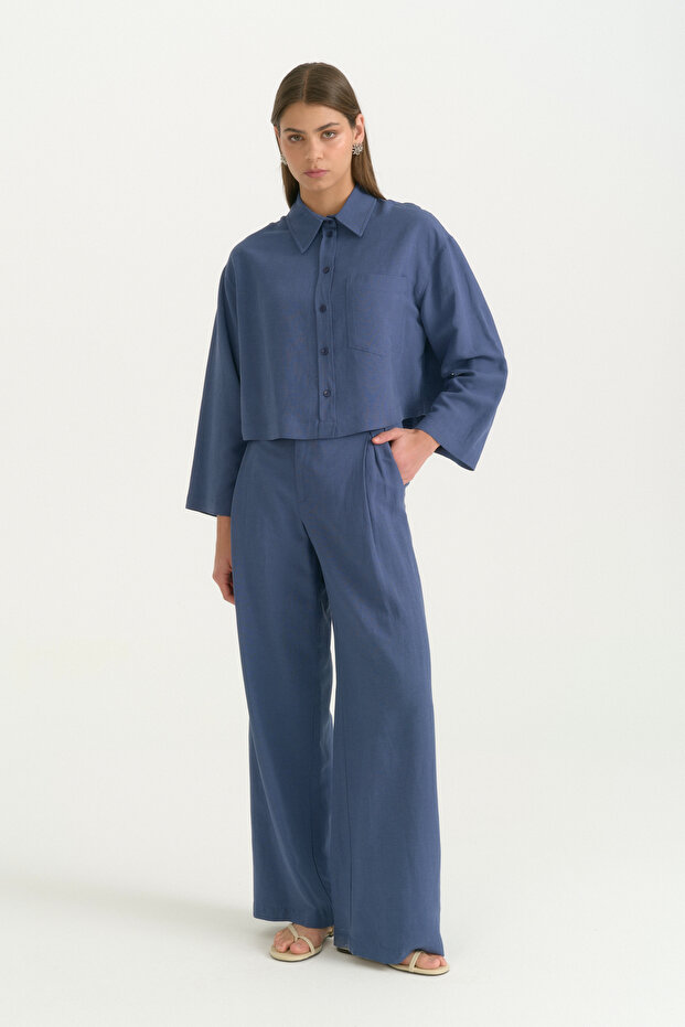 Linen Crop Shirt - Indigo