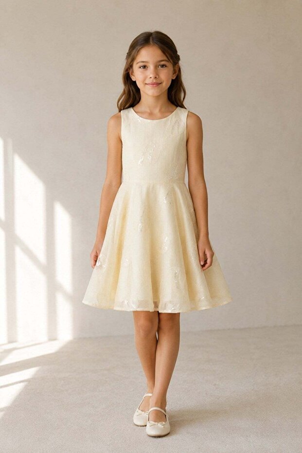 Girl Child 8-14 Years Old Sequin Embroidered Lined Chiffon Dress Cream