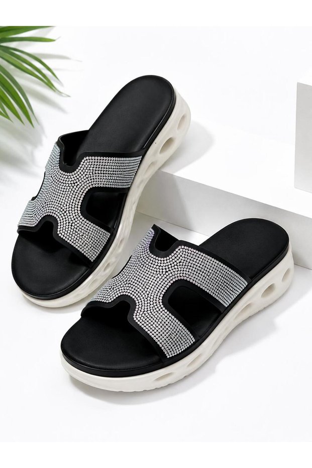 Women’s Sandals-Rhinestone Platform Slide Sandals – Casual Lightweight Wedge Slip-On Sandals for Women – Black & Navy Blue