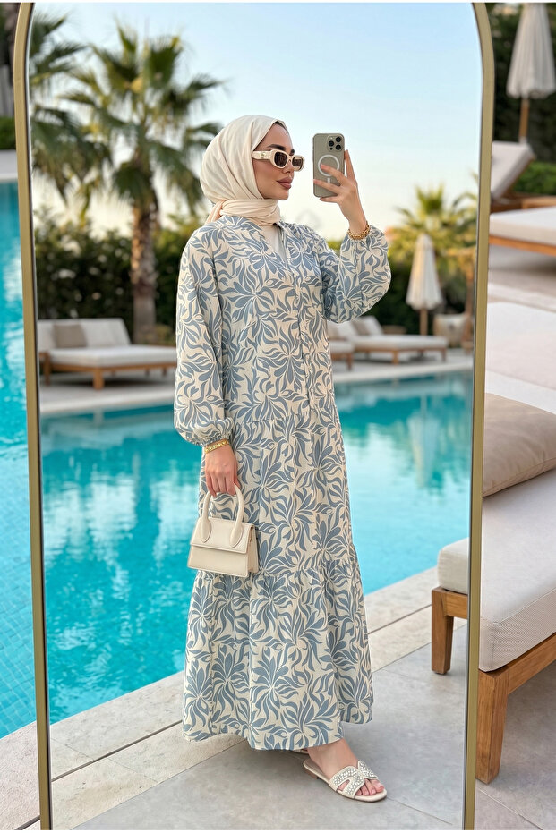 Women's Floral Patterned Layered Hijab Dress (Unlined)