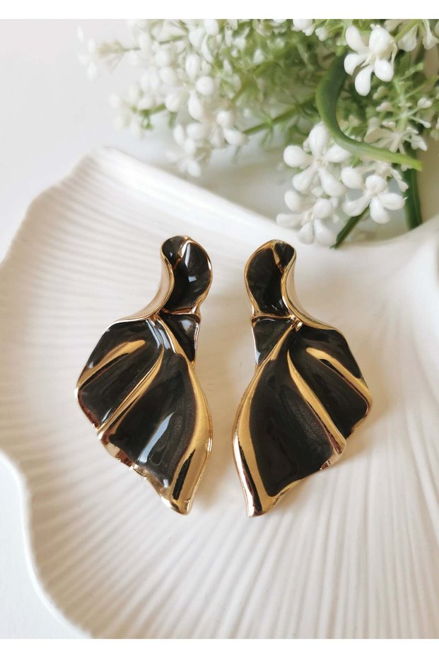 Milky Brown Enamel Coated Steel Earrings 3X6 cm Gold Detailed Evening Dress Earrings
