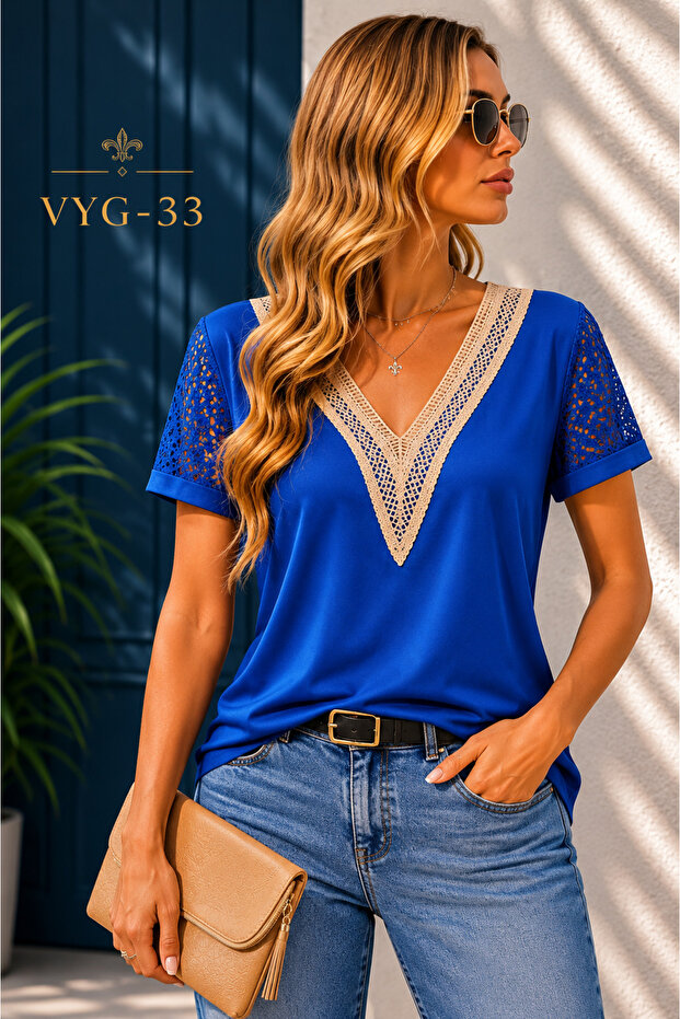 The Most Comfortable Expression of Elegance - Women's Lace Detailed V-Neck Viscose Blouse | Vyg-33