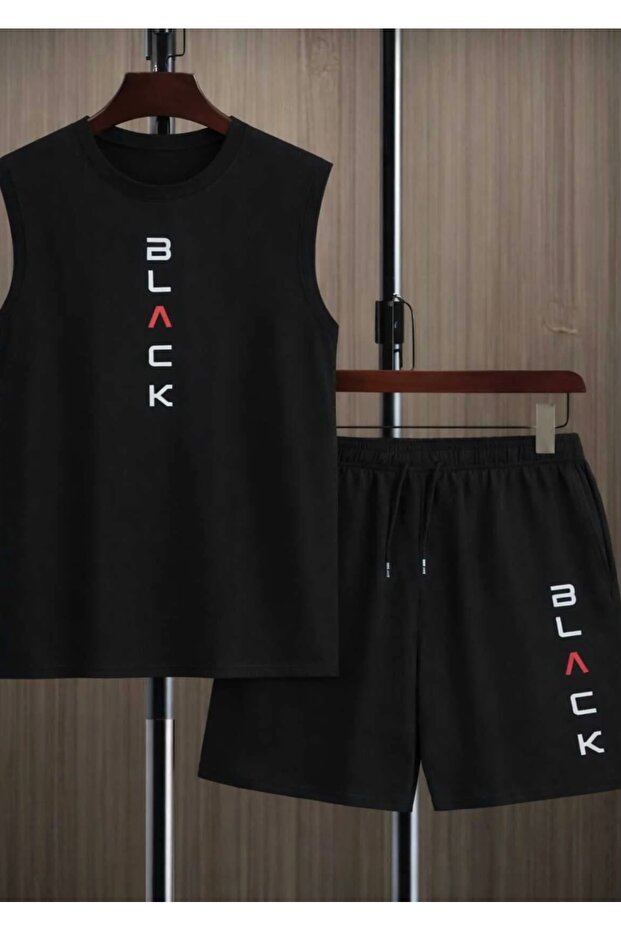New Season Black Printed 100% Cotton Plus Size Sleeveless Men's Shorts Set