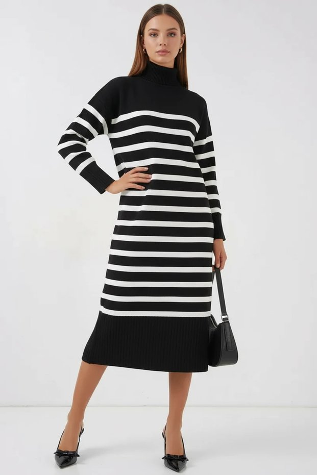 Women's Turtleneck Striped Knitwear Black Dress