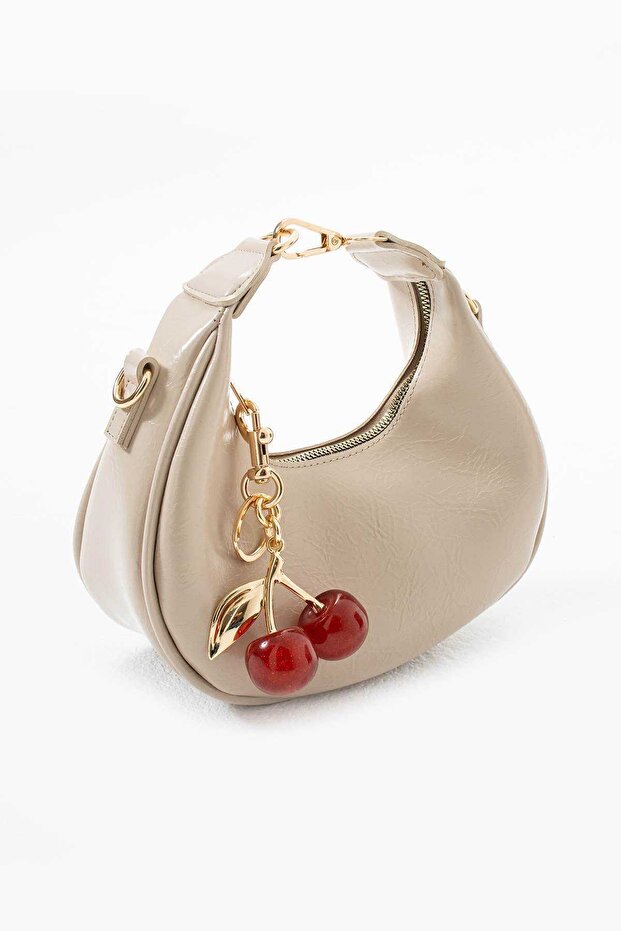 Women's Crescent Model Adjustable Hand and Shoulder Bag with Cherry Accessories (Length 12 cm Width 22 cm)