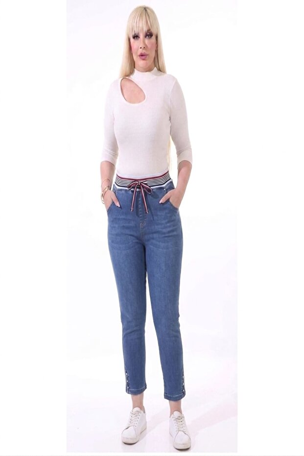 High Waist, Elastic Waist, Fully Stretchable, Ankle-Length, Light Blue Denim Pants