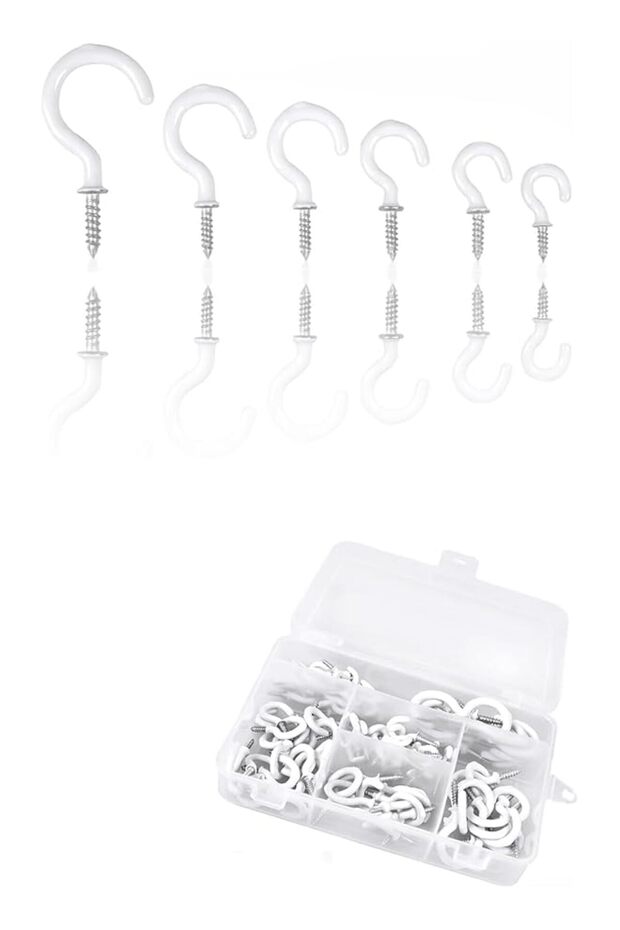 90 Pcs White Vinyl Coated Ceiling Hooks Kit - 6 Sizes Screw-in Hooks for Plants, Kitchen
