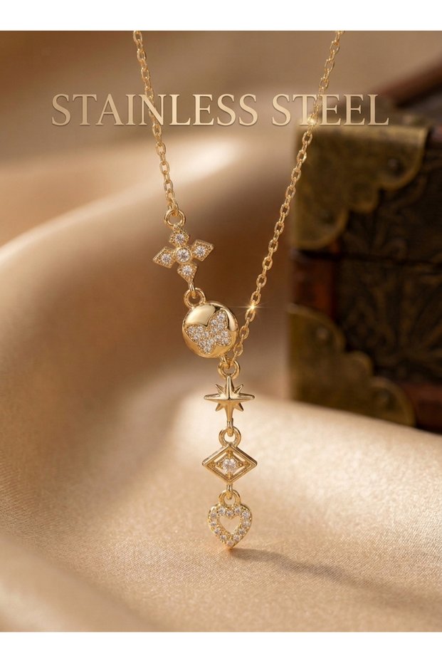 316L Steel Gold Color Zircon Stone Y Model Necklace