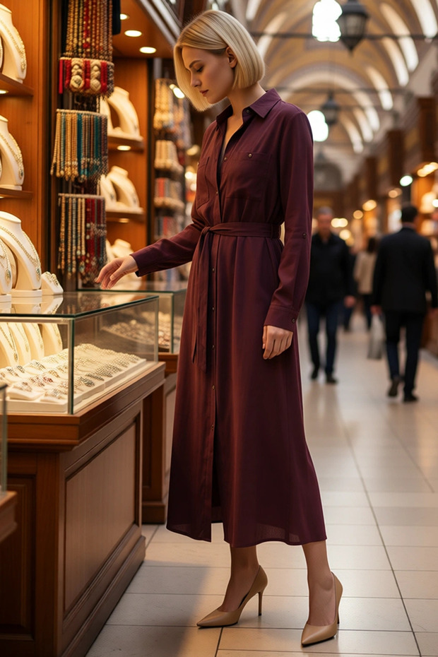 Women's Long Sleeve Belted Maxi Shirt Dress Modal Fabric Unlined Standard Cut Comfortable Casual Modern