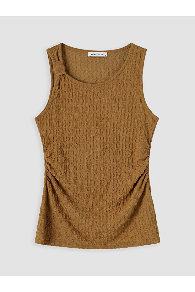 Yellow Boat Neck Gathered Textured Blouse