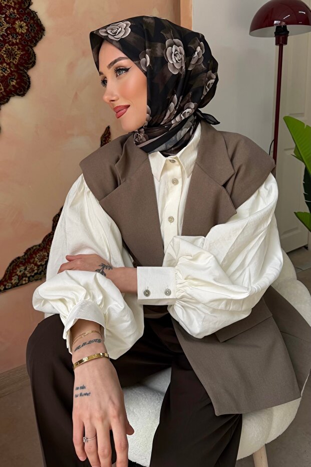 Brown Patterned Silk Scarf