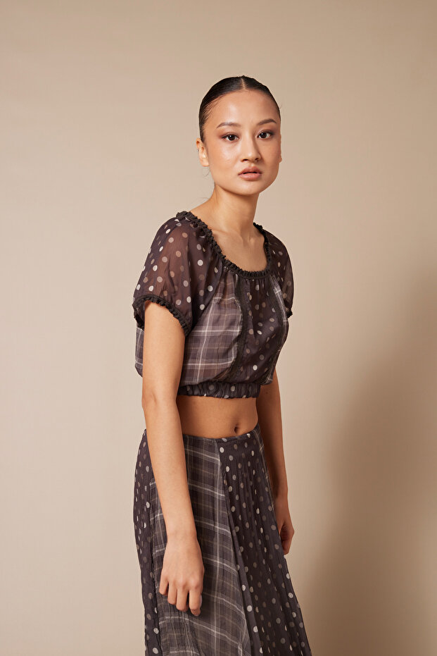 Combined Patterned Lace Top Brown