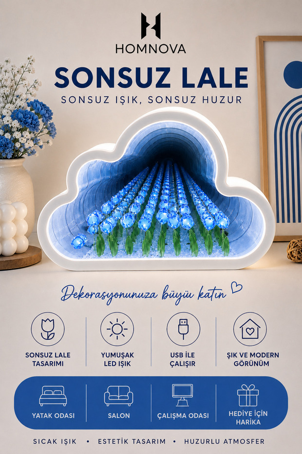 Endless Tulip Led Night Light | Decorative Table Lamp with Cloud Design and Endless Mirror Effect | USB Working Ambient Light