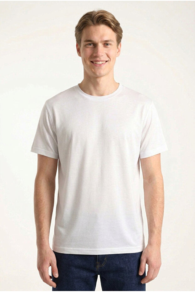 Men's White Regular Modal Fabric Silky Textured Crew Neck T-Shirt
