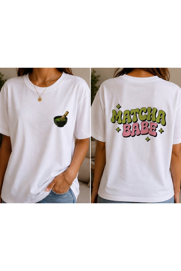 Matcha Girl Design Printed T-Shirt Women's White Tshirt