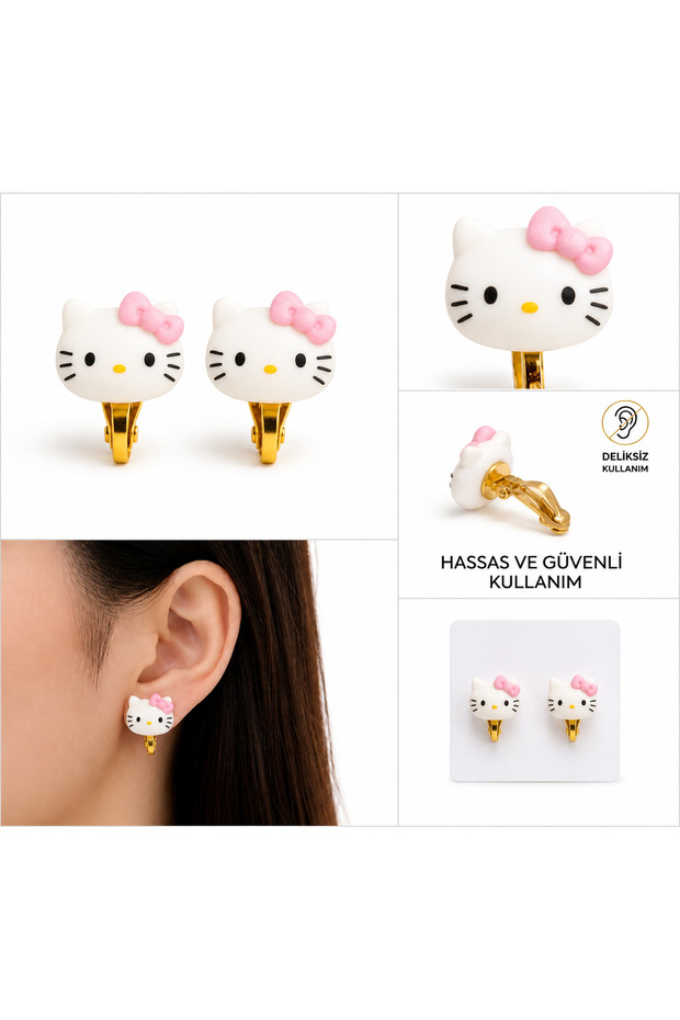Hello Kitty Figured Cat Clip Earrings for Non-Pierced Ears Cute Minimal Gold Color for Girls Baby Kids Women