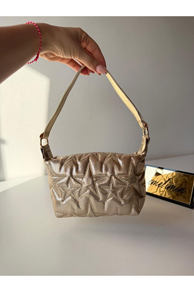 Women's Gold Glitter Star Embossed Mini Shoulder Bag - Stylish Baguette Bag for Daily Use