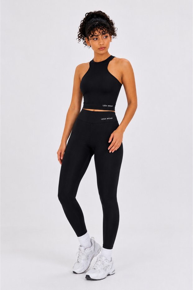 Women's Black High Waist Fitness Leggings and Halter Neck Crop Sports Set