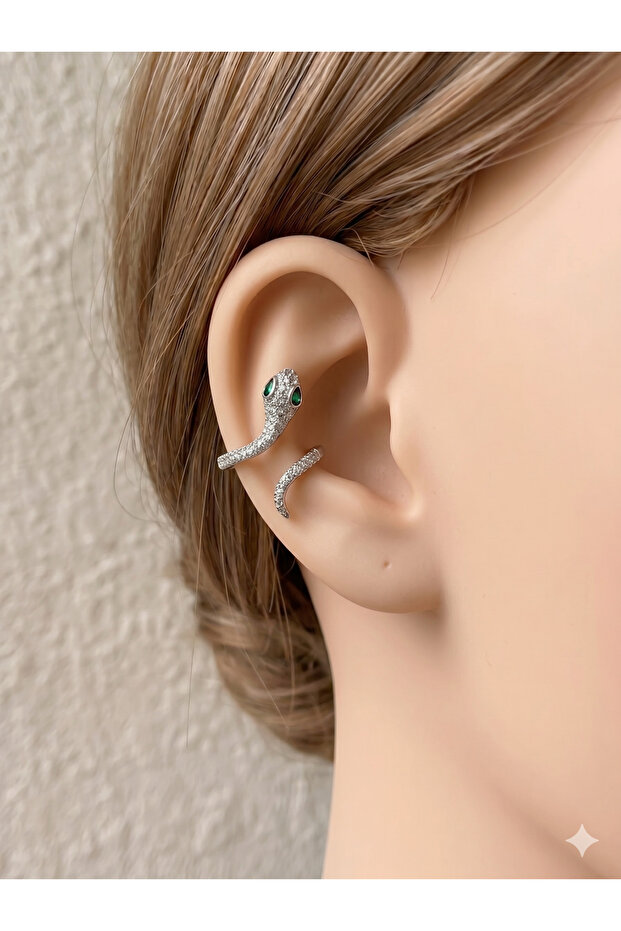 26ear08 سوار الأذن الفضي VIP بتصميم الثعبان المرصع بالأحجار