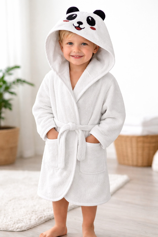 Panda Children's Bathrobe with Hood - Unisex Baby & Kids Bathrobe Soft Textured Cute