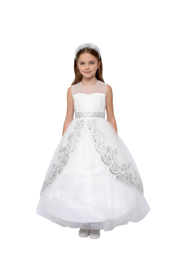 D'Daniela - Sleeveless Princess Dress with Metallic Lace Detail - White - 4Y to 13Y