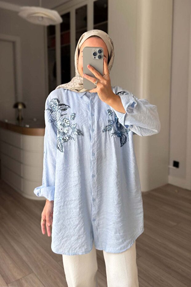 Floral Motif Oversize Shirt - Blue