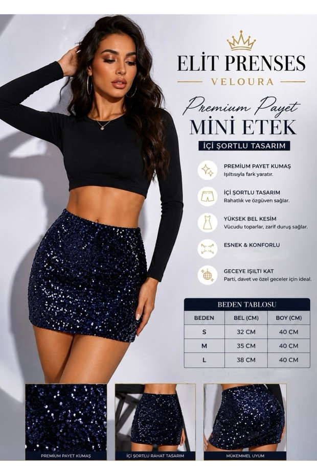 Elite Princess Veloura Premium Sequin Mini Shorts Skirt High Waist Women's Skirt