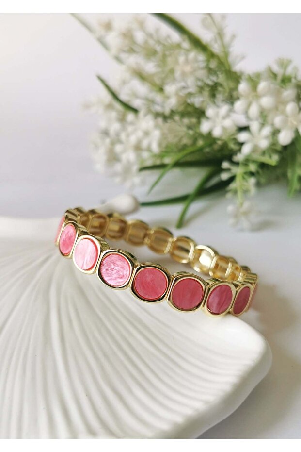 Round Stone Steel Elastic Bracelet – Dark Pink
