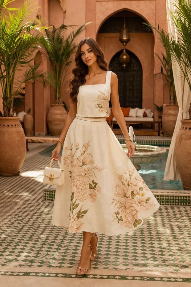 Soft Tone Floral Patterned Crop Blouse-Skirt Set