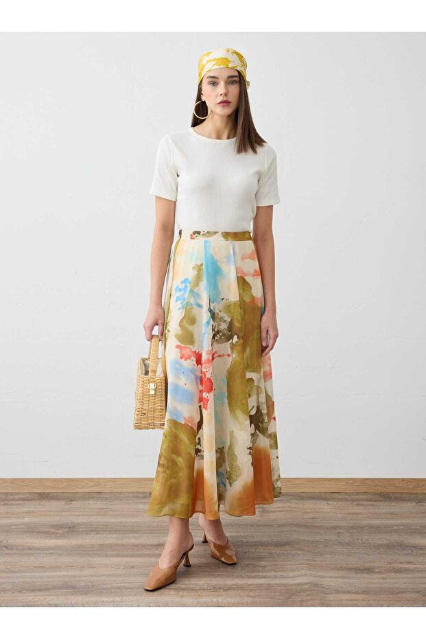 Multicolored Brush Patterned Chiffon Skirt - - 2