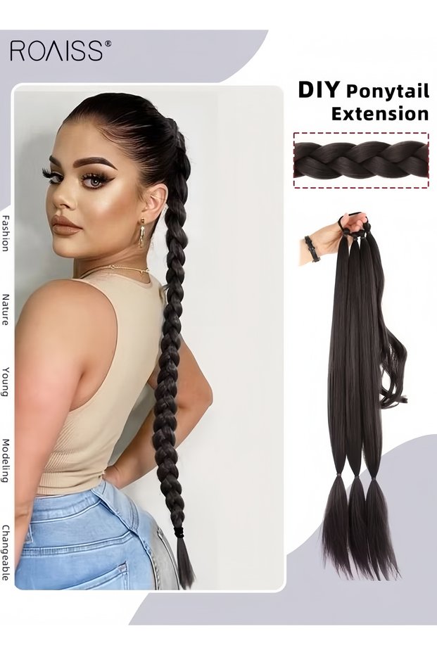 DIY Braided Ponytail Extension Long with Hair Band Elastic Wrap Natural Soft Synthetic Hair Piece for Girls Women Party Daily Wear (76cm,Brown Black)
