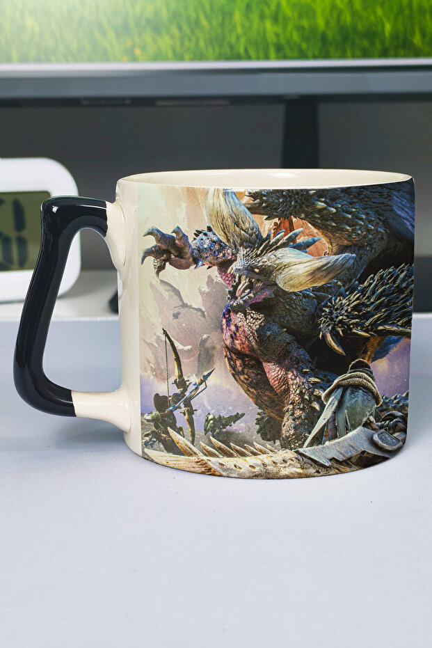 كوب فاخر من السيراميك المطبوع من Monster Hunter: World (قطعة واحدة) بمقبض أسود خاص V3D