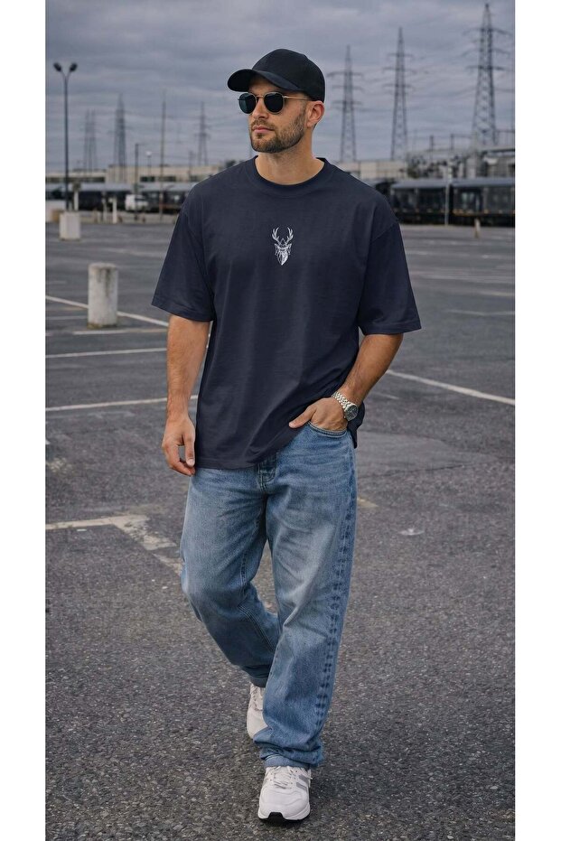 Men's oversized relaxed fit t-shirt - navy with deer print