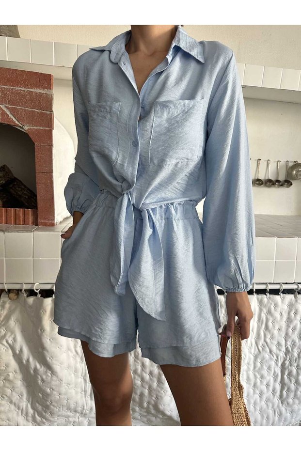 Women's Muslin Linen Fabric Tie-Down Shirt and Shorts Two-Piece Set