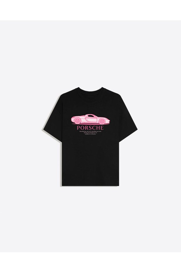 Pink Porsche Printed Crew Neck Oversize Trendy Women's T-Shirt