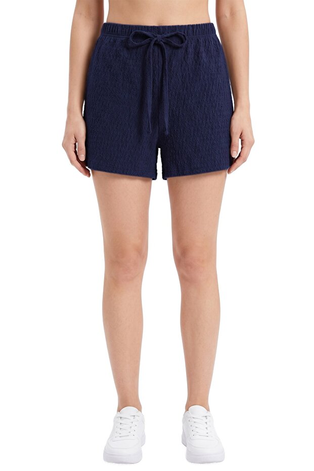 Premium - Tide Collection |   Navy Blue Lace-Up Wrinkled Textured Comfortable Cut Women's Shorts