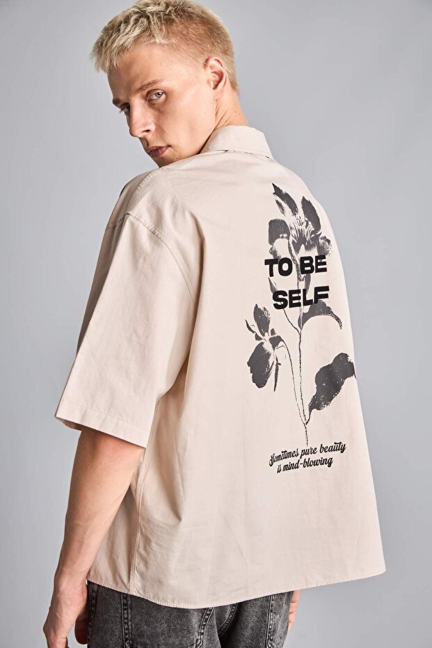 100% Cotton Boxy Fit Back Printed Short Sleeve Beige Shirt I2567Ax26Sm