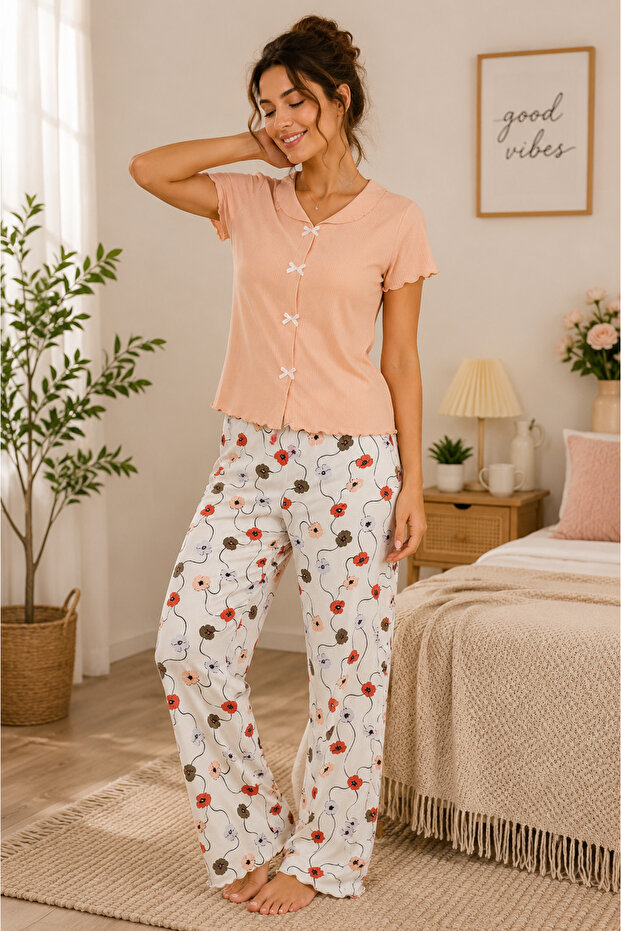 Ss Giyim Women's Floral Patterned Pajama Set Powder Pink Short Sleeve Comfortable Home Wear