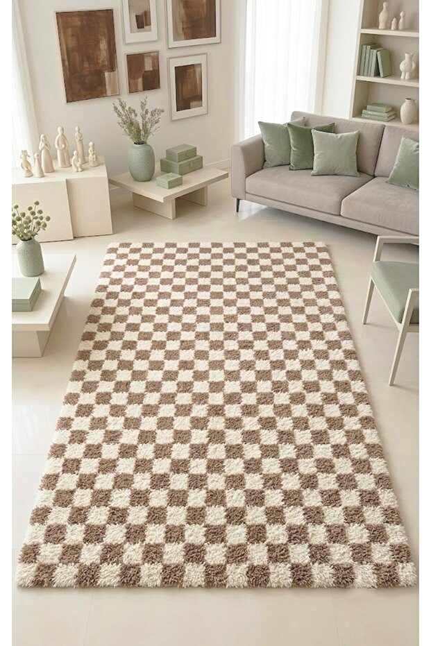 Chess Checker Patterned Bone-Beige Washable Living Room Bedroom Hallway Machine Made Carpet Runner