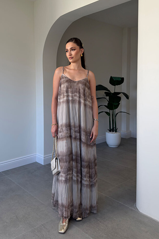 Strappy Tie-Dye Patterned Lined Dress - Light Brown