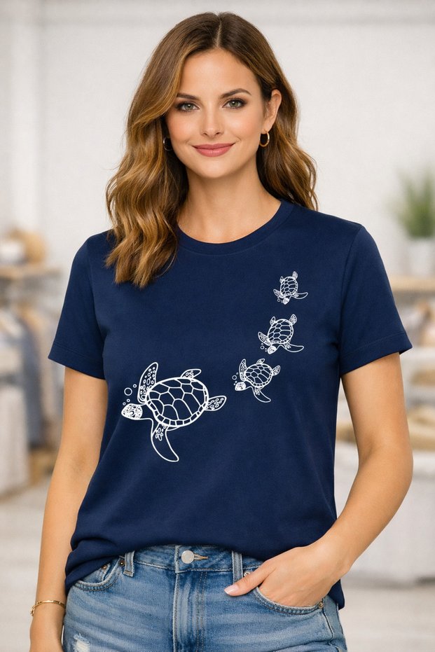 Caretta Sea Turtle Printed Navy Blue Short Sleeve Women's Plain Tshirt