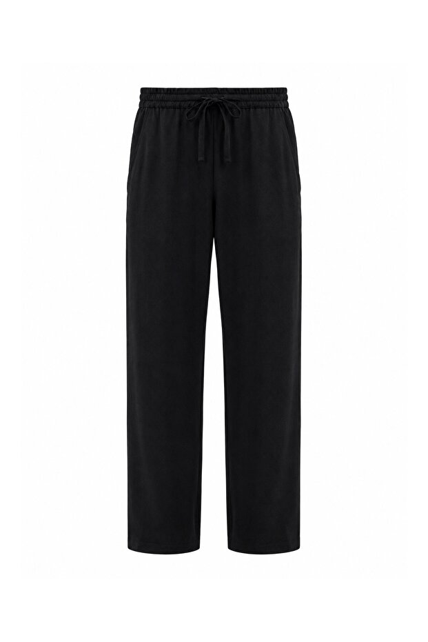 Black Linen Blend Men's Trousers with Elastic Waist
